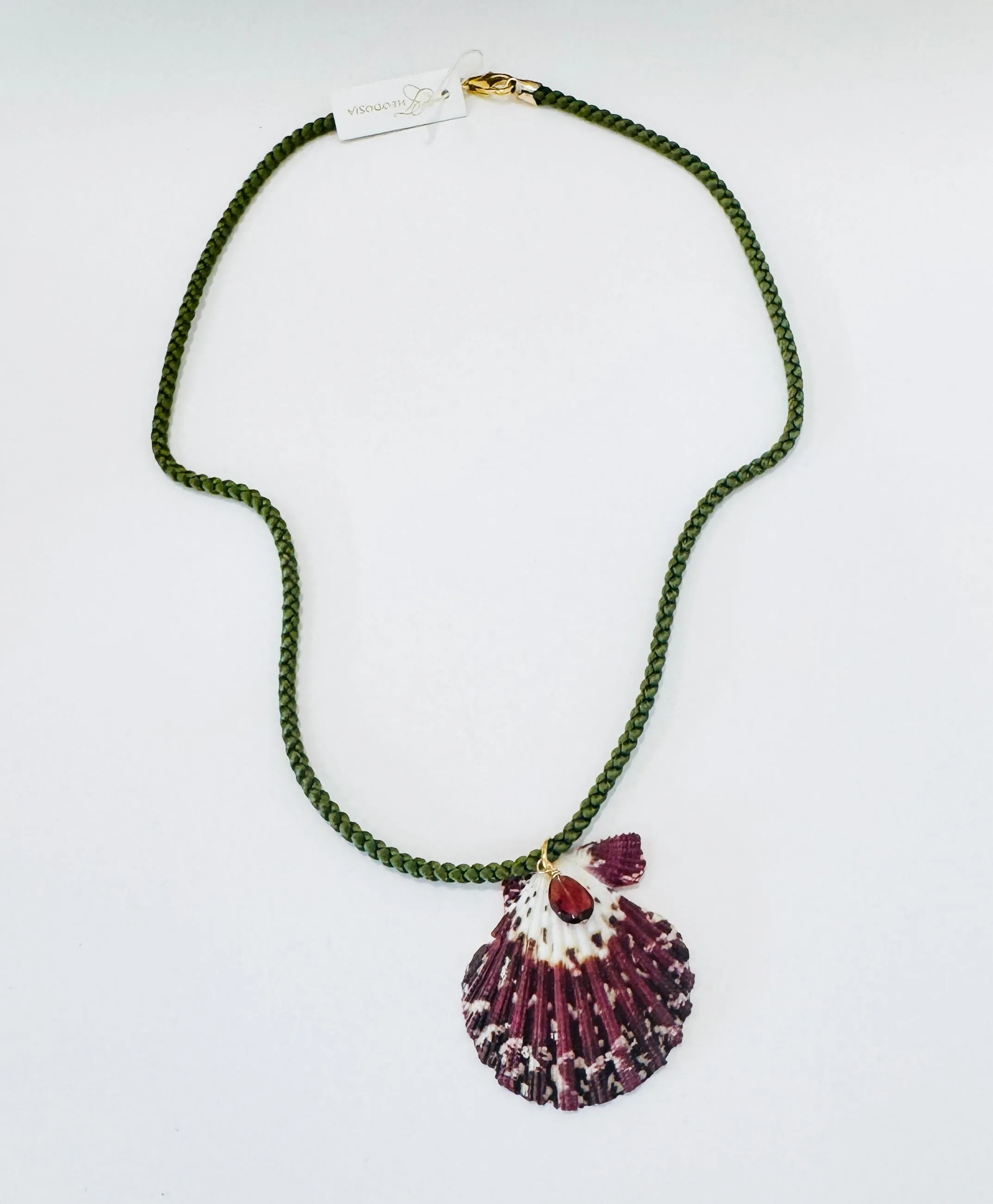 Kumihimo silk cord charm necklace, green with shell sold by Theodosia