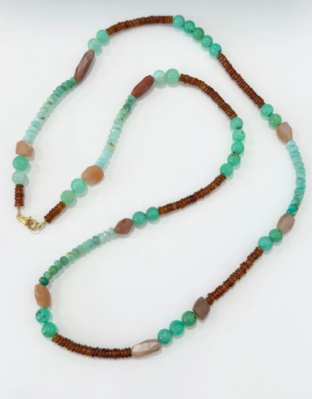 Hessonite garnet, peach moonstone and chrysoprase layering necklace sold by Theodosia