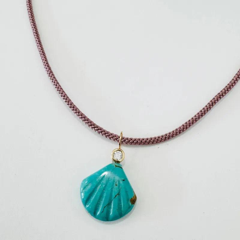 Kumihimo silk cord necklace, purple with turquoise shell made by Theodosia