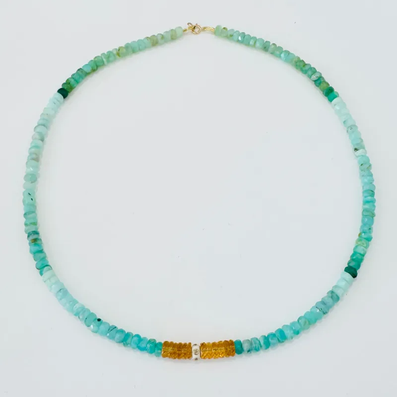 enamel bead, chrysoprase, and citrine necklace made by Theodosia