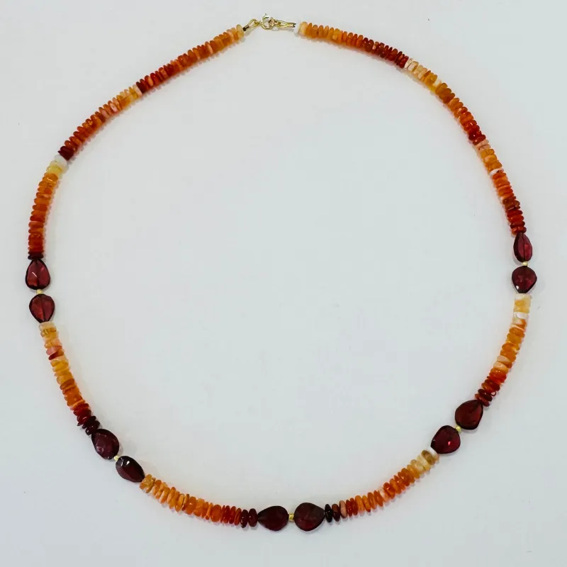 shaded fire opal and garnet necklace made by Theodosia