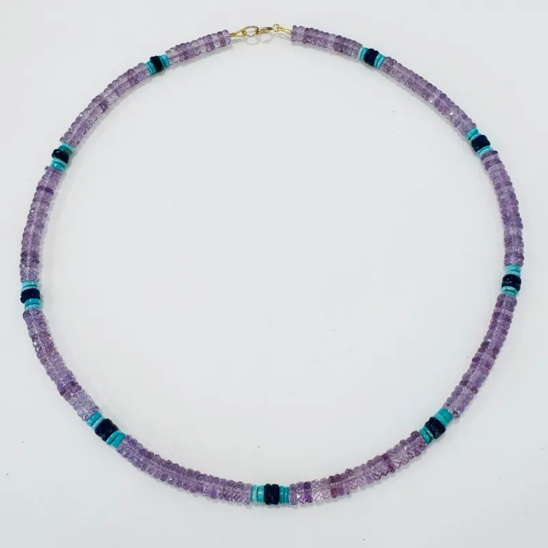 amethyst heishi with turquoise and lapis stations made by Theodosia