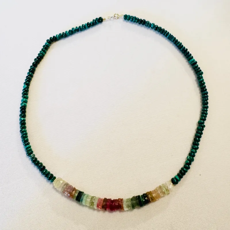tourmaline and malachite necklace with gold nuggets made by Theodosia