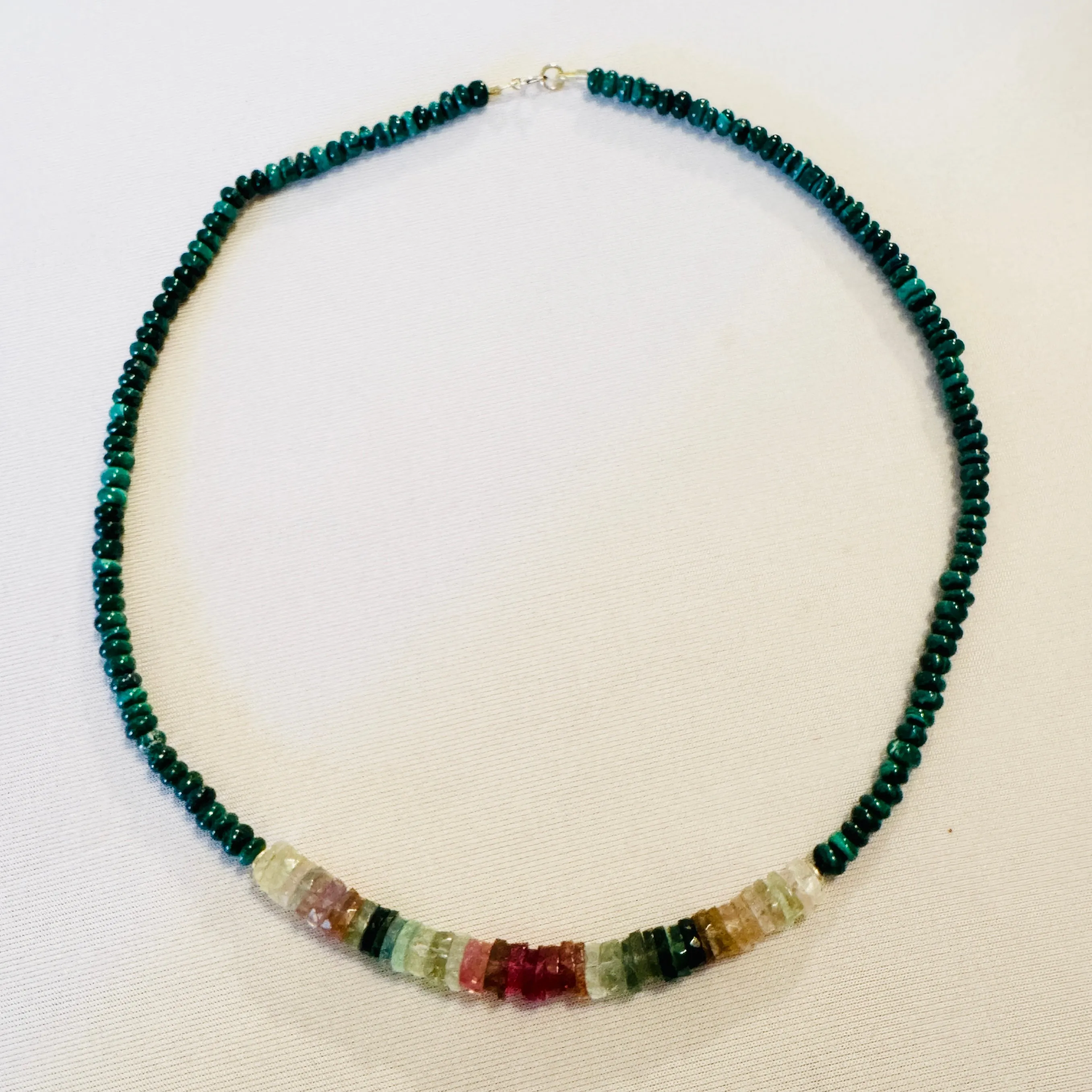 tourmaline and malachite necklace with gold nuggets sold by Theodosia
