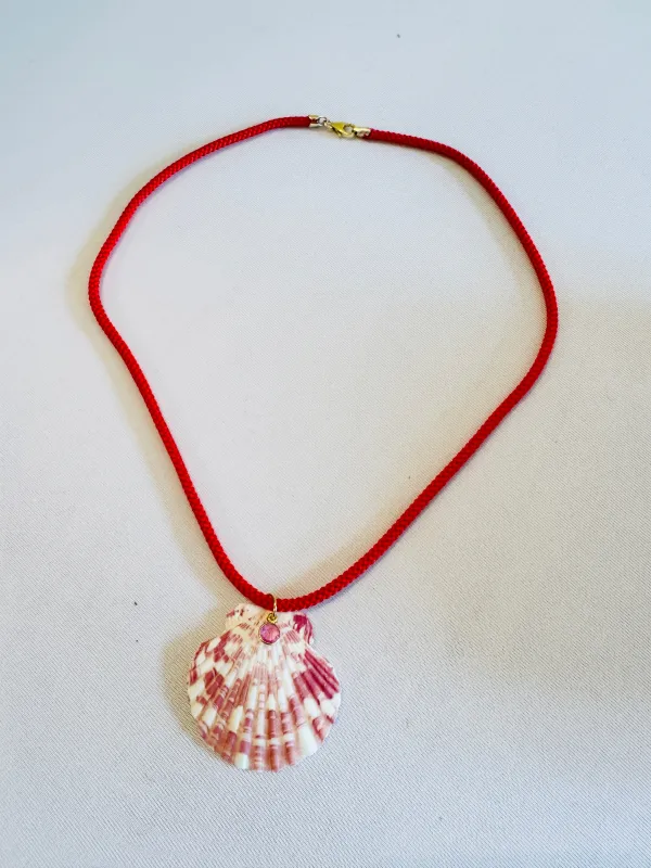 Kumihimo silk cord charm necklace, shell and 14 kt gold pink sapphire charm made by Theodosia