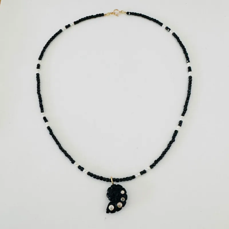 onyx and pearl nautilus shell necklace made by Theodosia