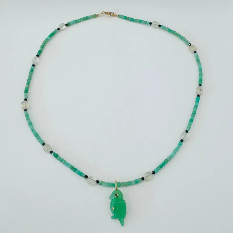 chrysoprase and prehnite with parrot made by Theodosia