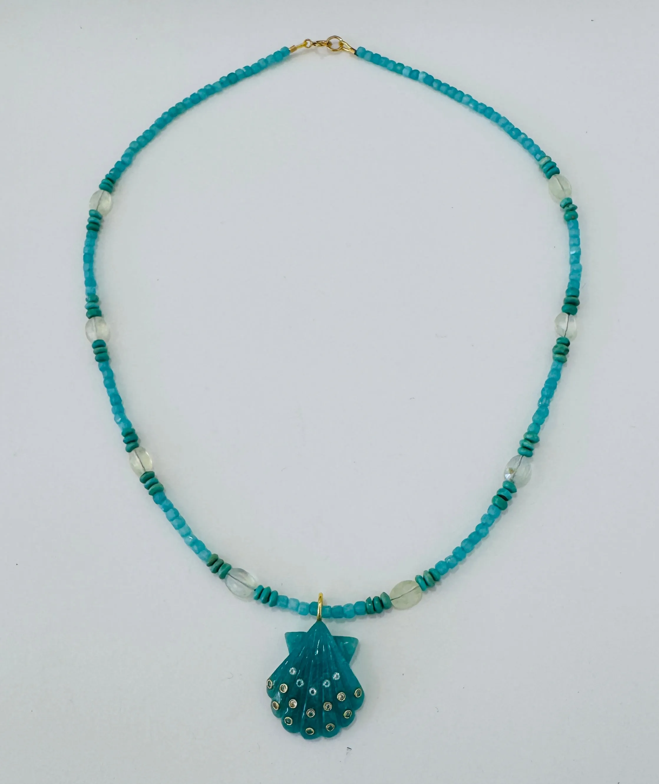 turquoise and apatite with clam shell sold by Theodosia