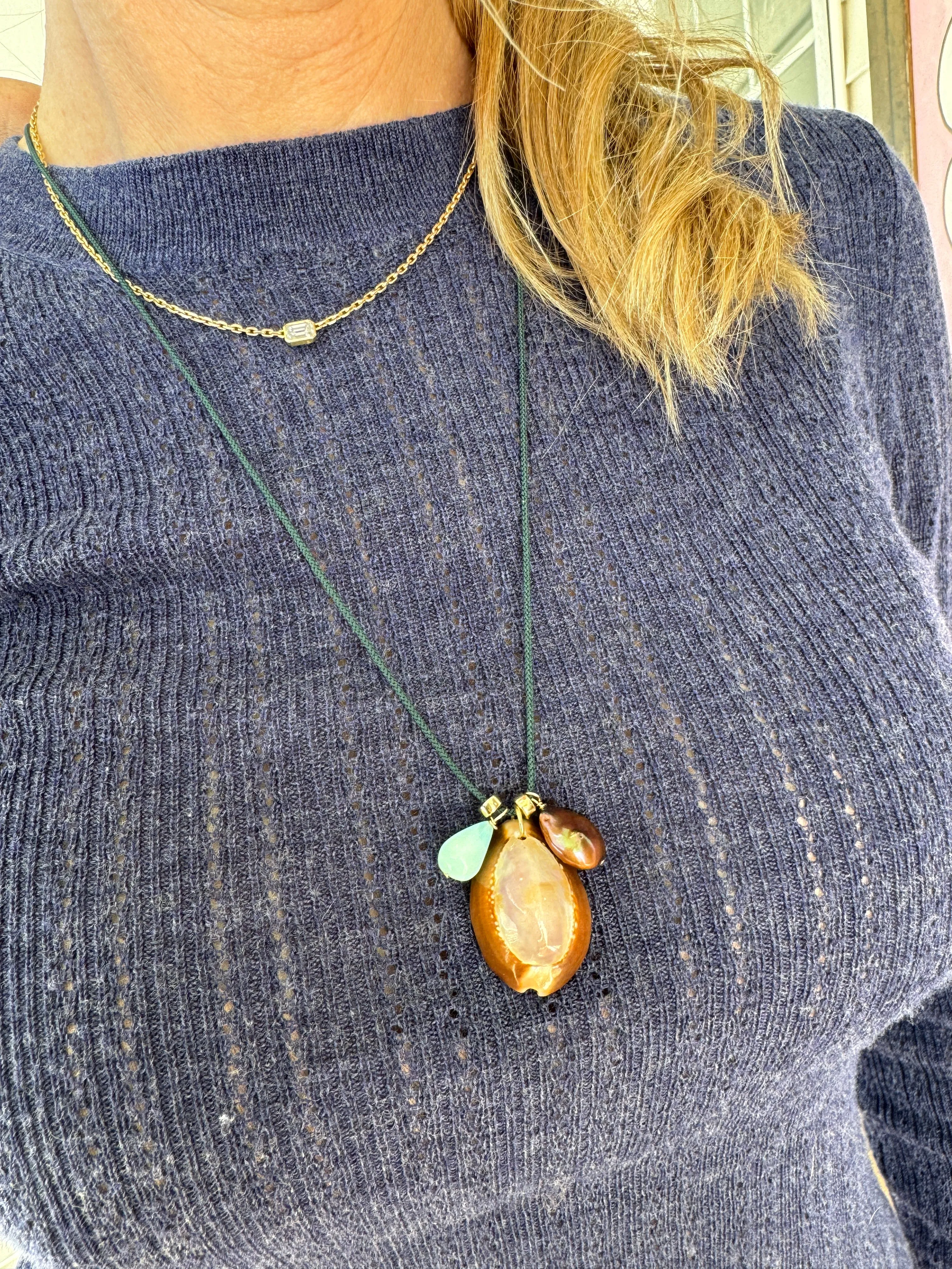 Kumihimo silk cord charm necklace, teal with blue opal, pearl, and purple cowrie shell sold by Theodosia product image thumbnail 2