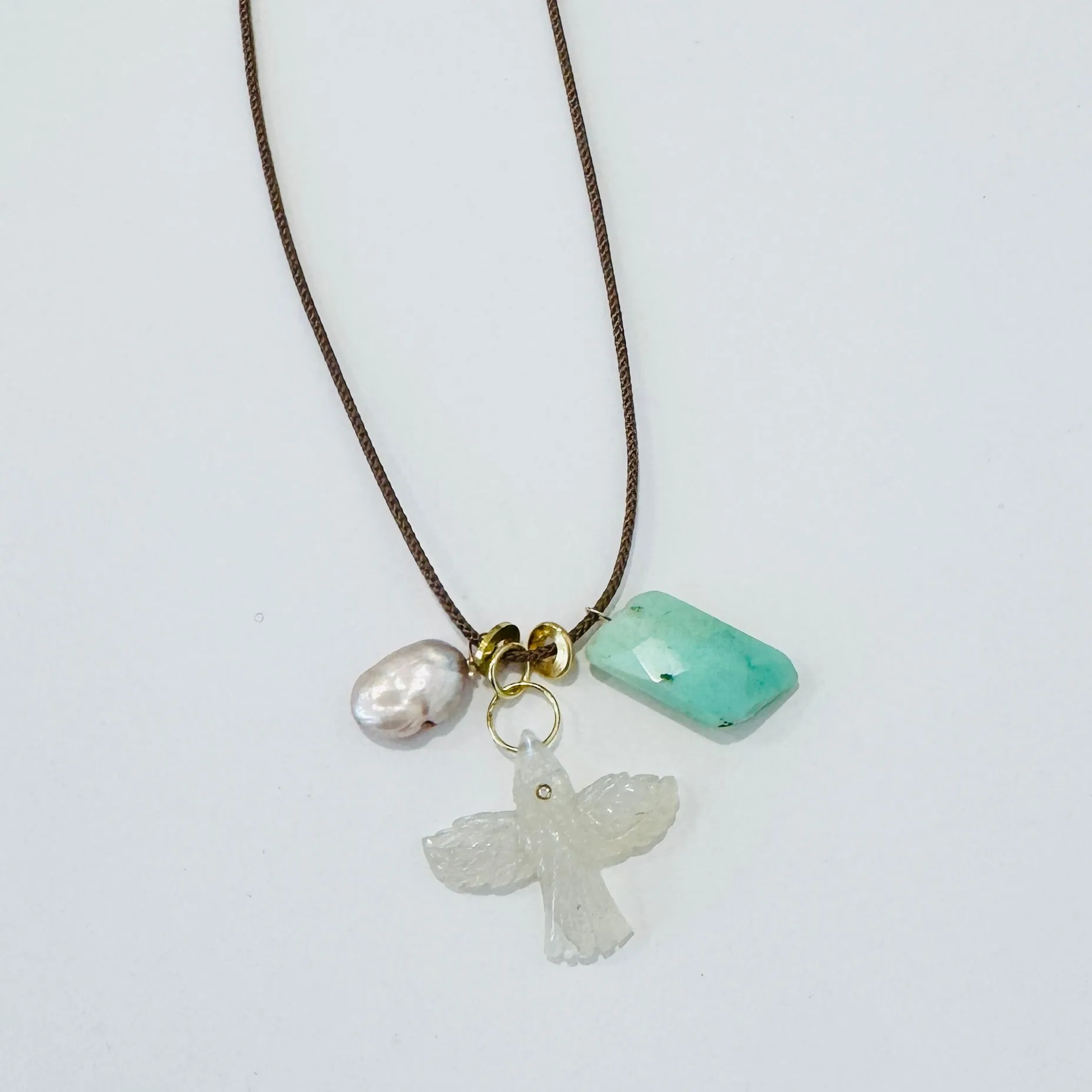 Kumihimo silk cord charm necklace, brown with chalcedony, pearl, and eagle sold by Theodosia