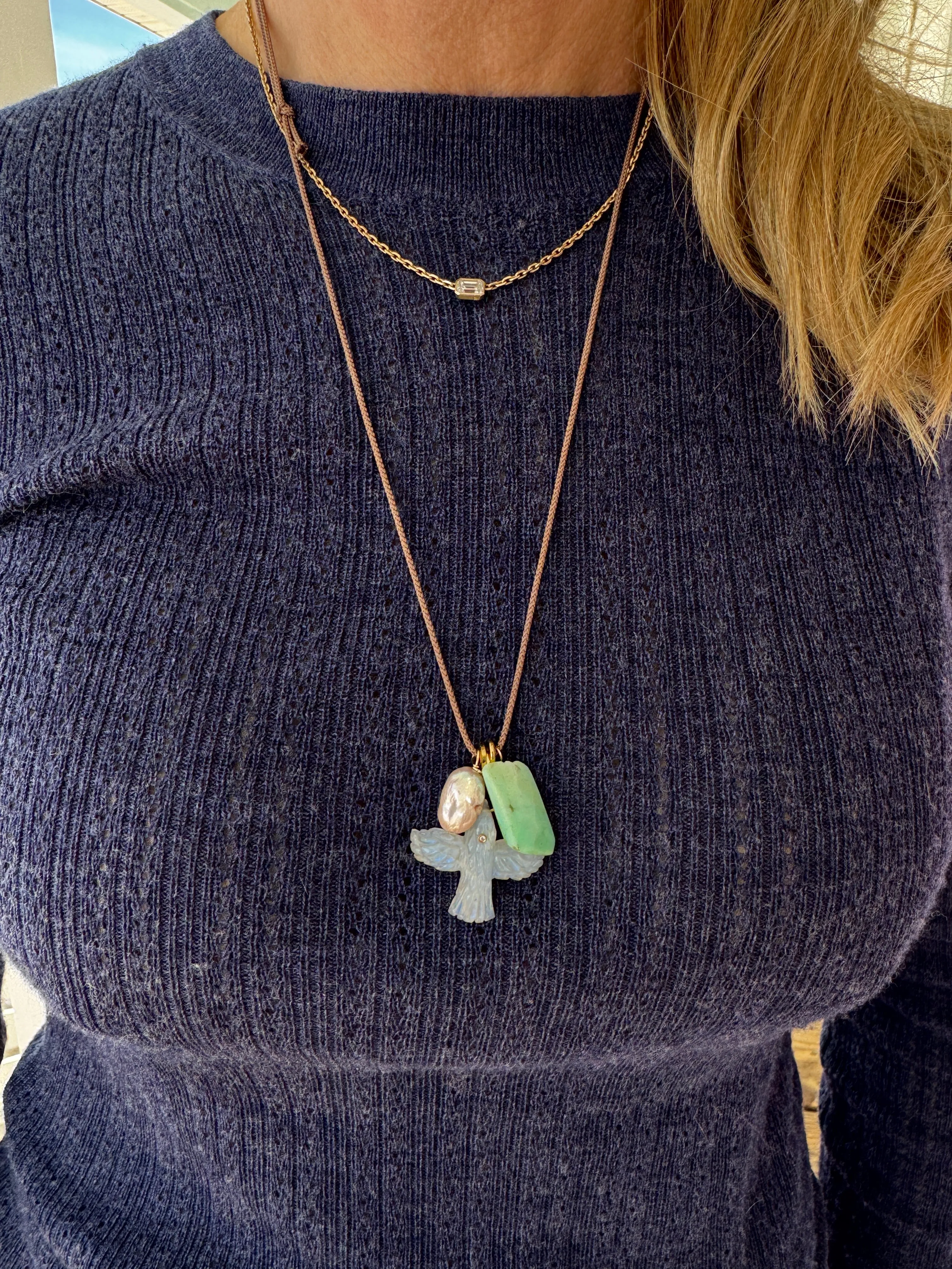 Kumihimo silk cord charm necklace, brown with chalcedony, pearl, and eagle sold by Theodosia product image thumbnail 2