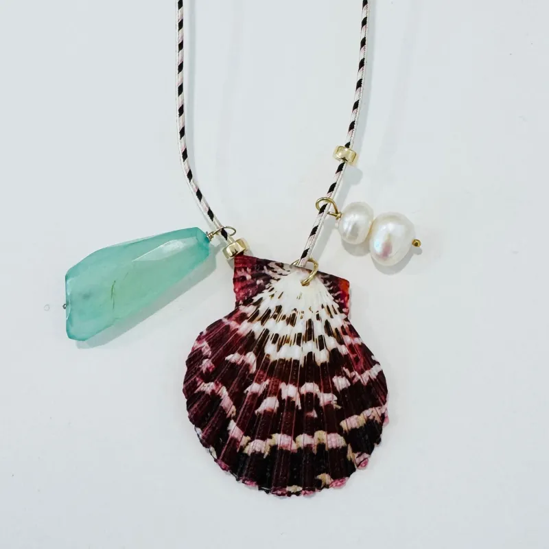 Kumihimo silk cord charm necklace, herringbone with chalcedony, pearl, and scallop shell made by Theodosia