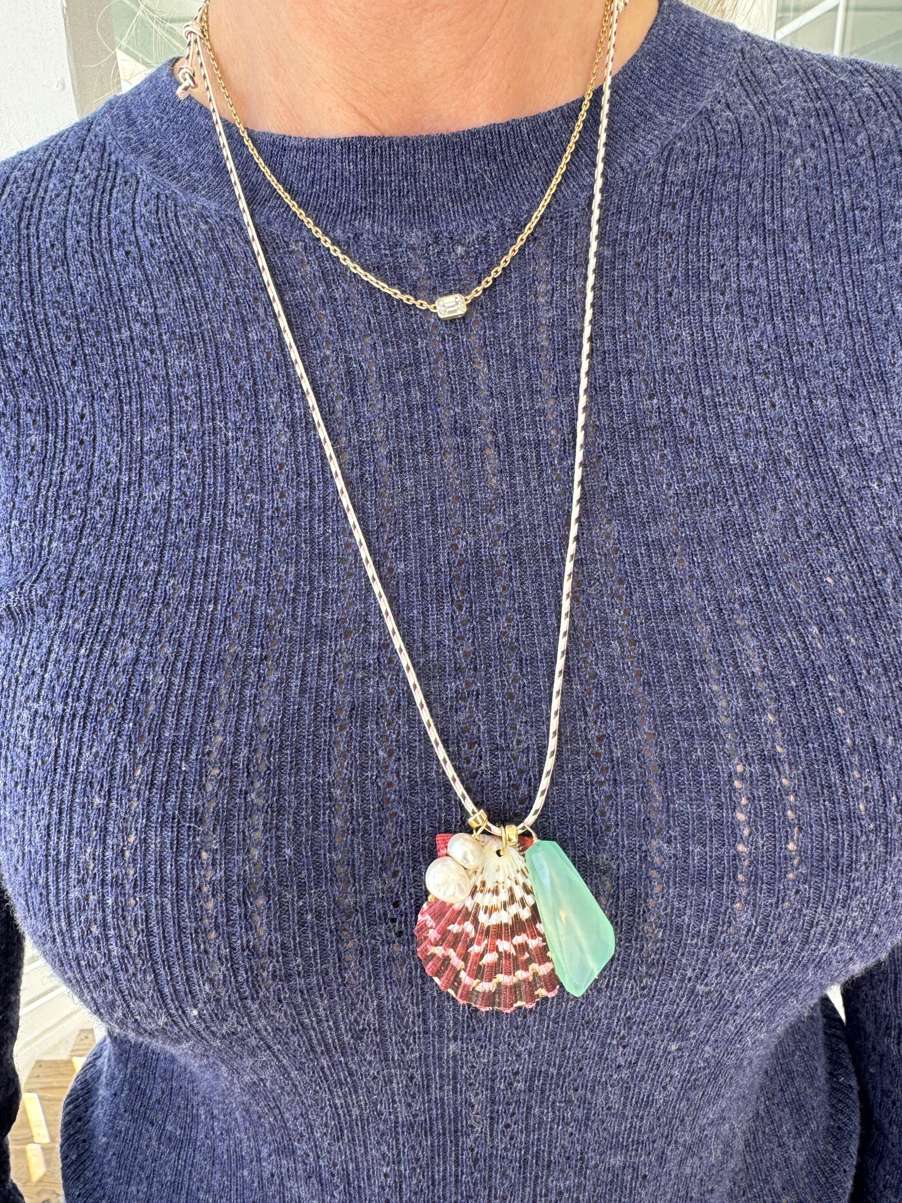 Kumihimo silk cord charm necklace, herringbone with chalcedony, pearl, and scallop shell sold by Theodosia product image thumbnail 2