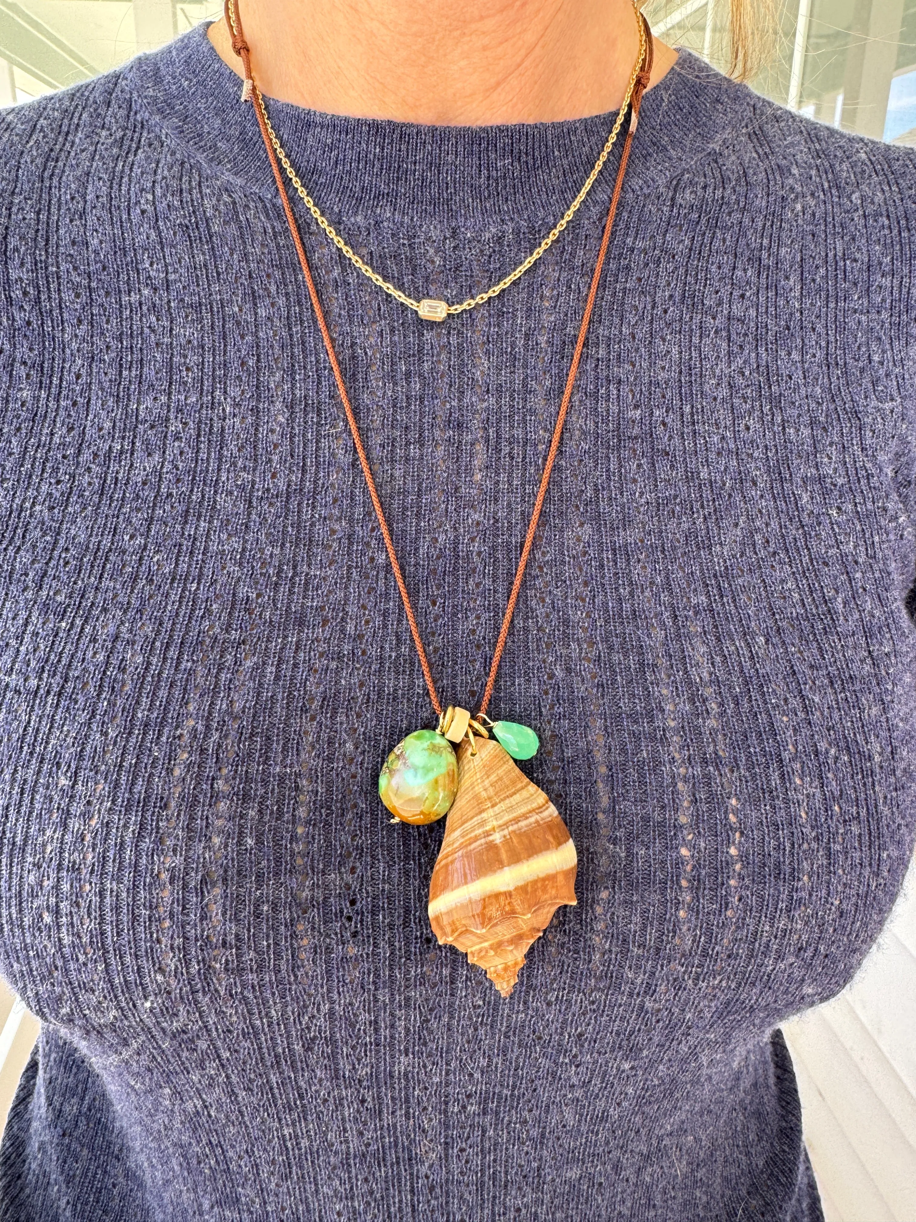 Kumihimo silk cord charm necklace, brown with chrysoprase, turquoise, and crown conch sold by Theodosia product image thumbnail 2