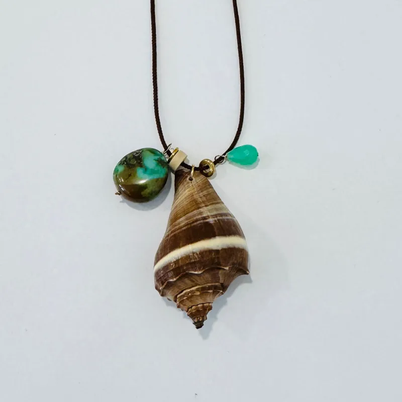 Kumihimo silk cord charm necklace, brown with chrysoprase, turquoise, and crown conch made by Theodosia