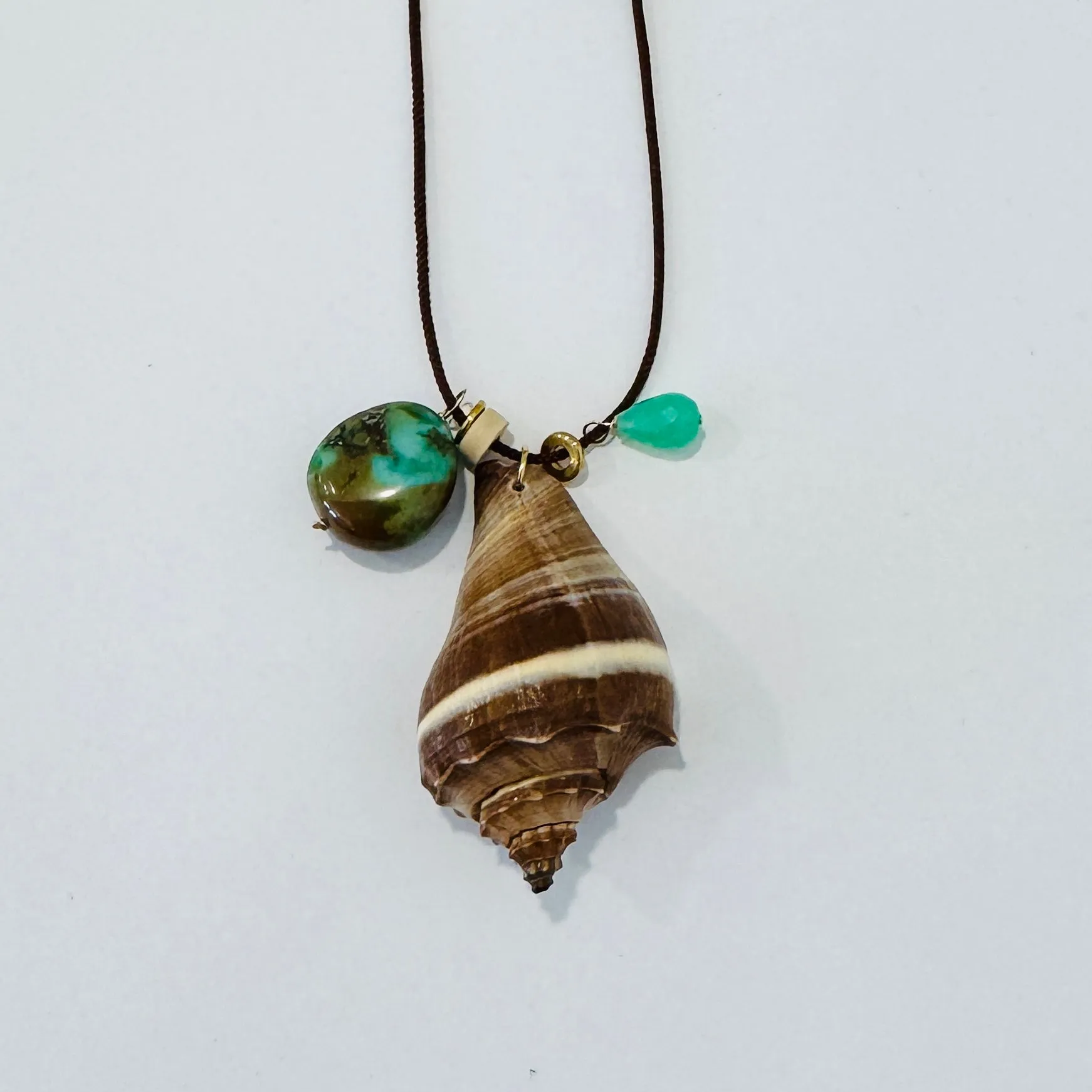 Kumihimo silk cord charm necklace, brown with chrysoprase, turquoise, and crown conch sold by Theodosia