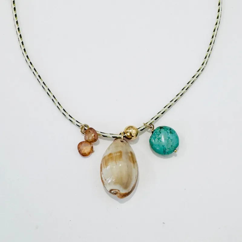 Kumihimo silk cord charm necklace, herringbone with turquoise, quartz, and tan cowrie shell made by Theodosia