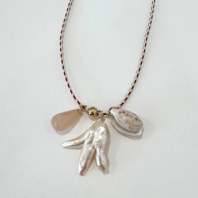 Kumihimo silk cord charm necklace, herringbone with pearl, peach quartz, and lettered olive made by Theodosia