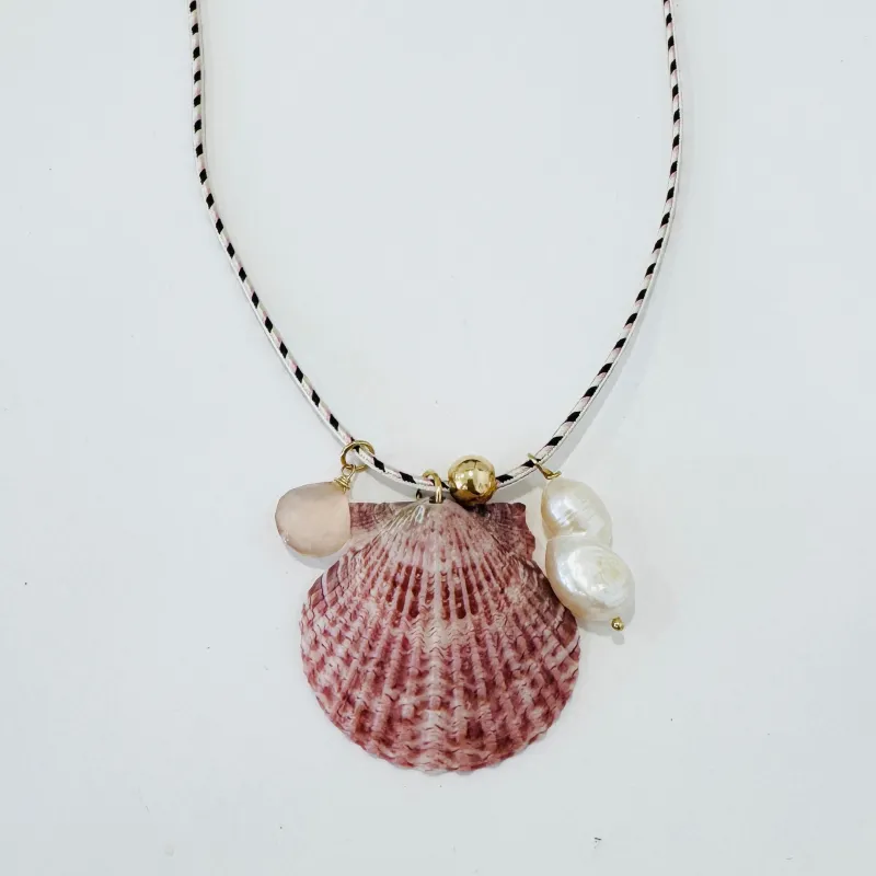 Kumihimo silk cord charm necklace, herringbone with pearl, peach quartz, and scallop shell made by Theodosia
