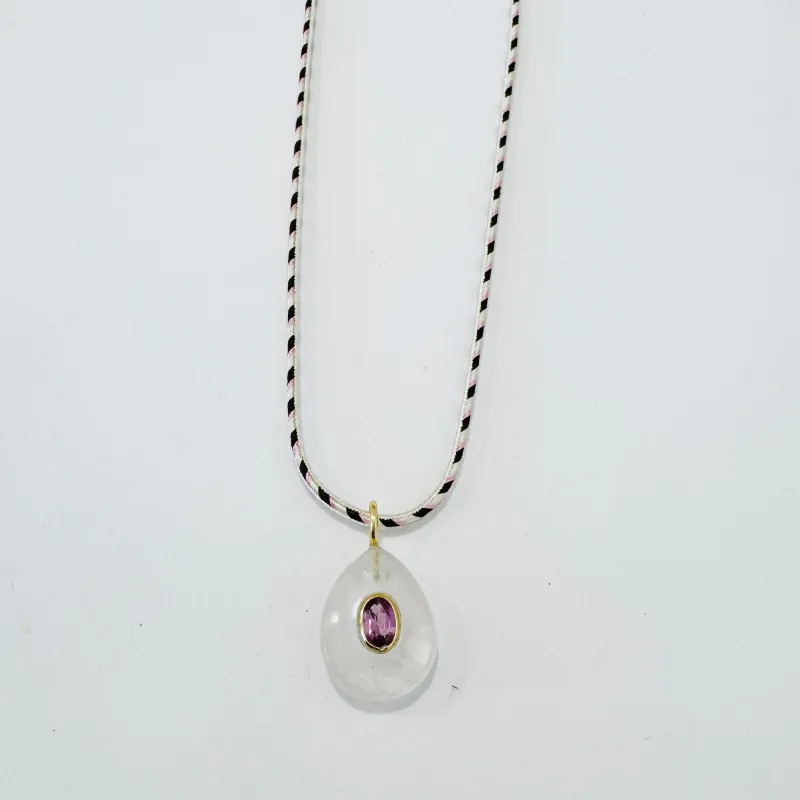 Kumihimo silk cord charm necklace, herringbone with clear quartz and pink sapphire charm made by Theodosia