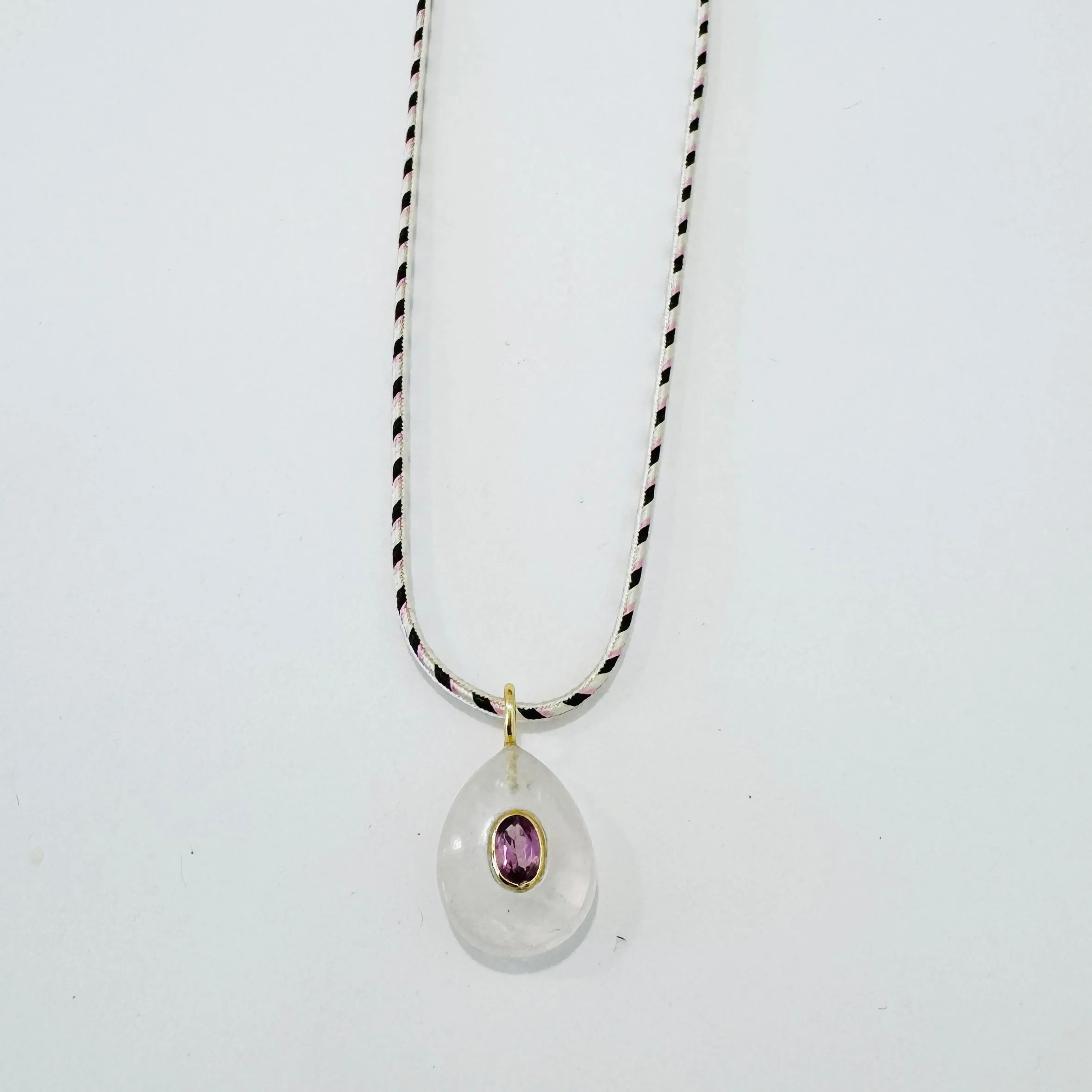 Kumihimo silk cord charm necklace, herringbone with clear quartz and pink sapphire charm sold by Theodosia