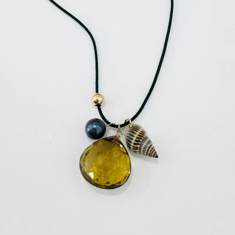 Kumihimo silk cord charm necklace, teal with topaz, pearl, and shell made by Theodosia