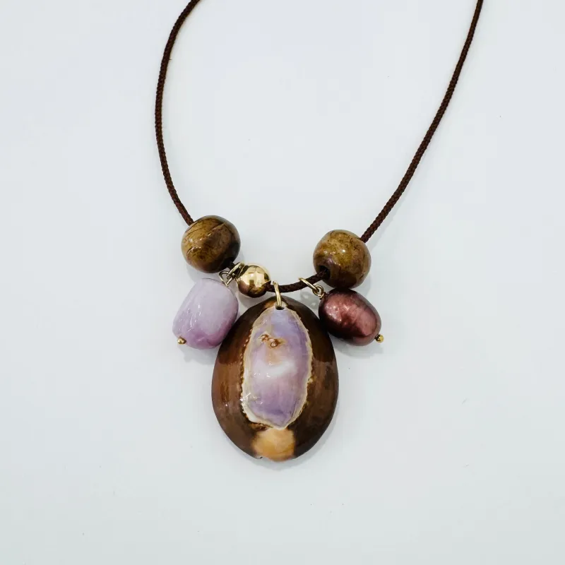 Kumihimo silk cord charm necklace, brown with kyanite, pearl, and purple cowrie shell made by Theodosia