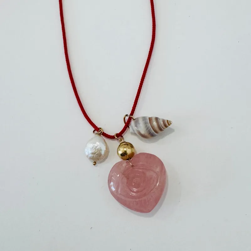Kumihimo silk cord charm necklace, red with shell, pearl, and carved rose quartz evil eye heart made by Theodosia