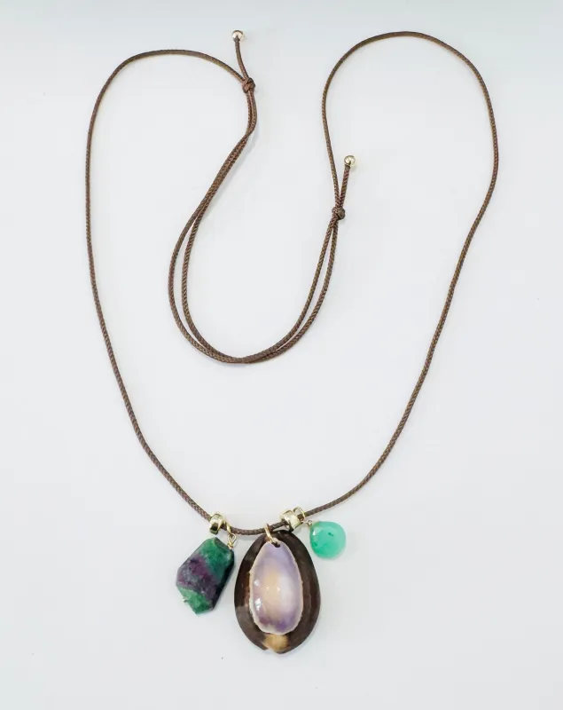 Kumihimo silk cord charm necklace, brown with chrysoprase, rubylite, and purple cowrie made by Theodosia