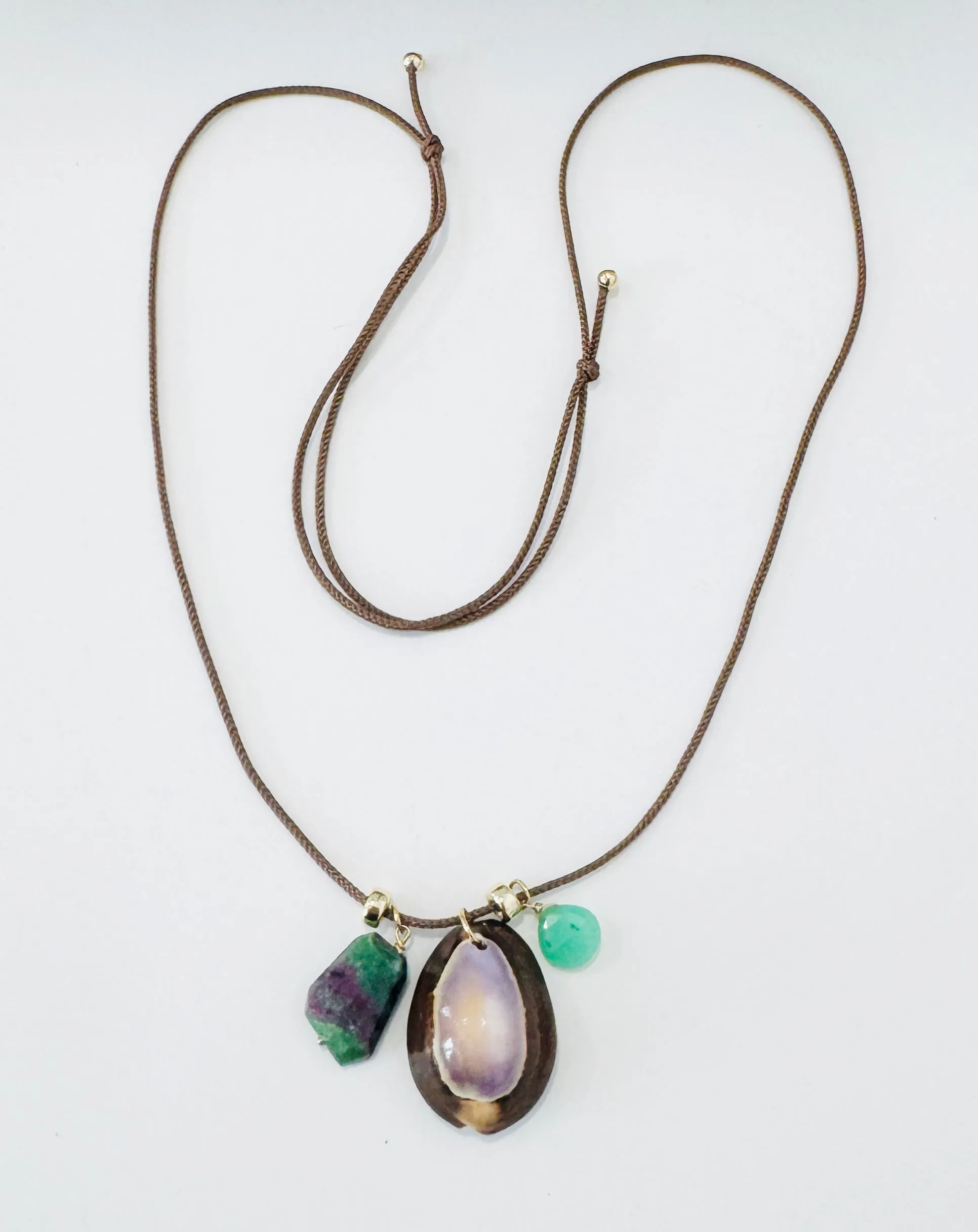 Kumihimo silk cord charm necklace, brown with chrysoprase, rubylite, and purple cowrie sold by Theodosia