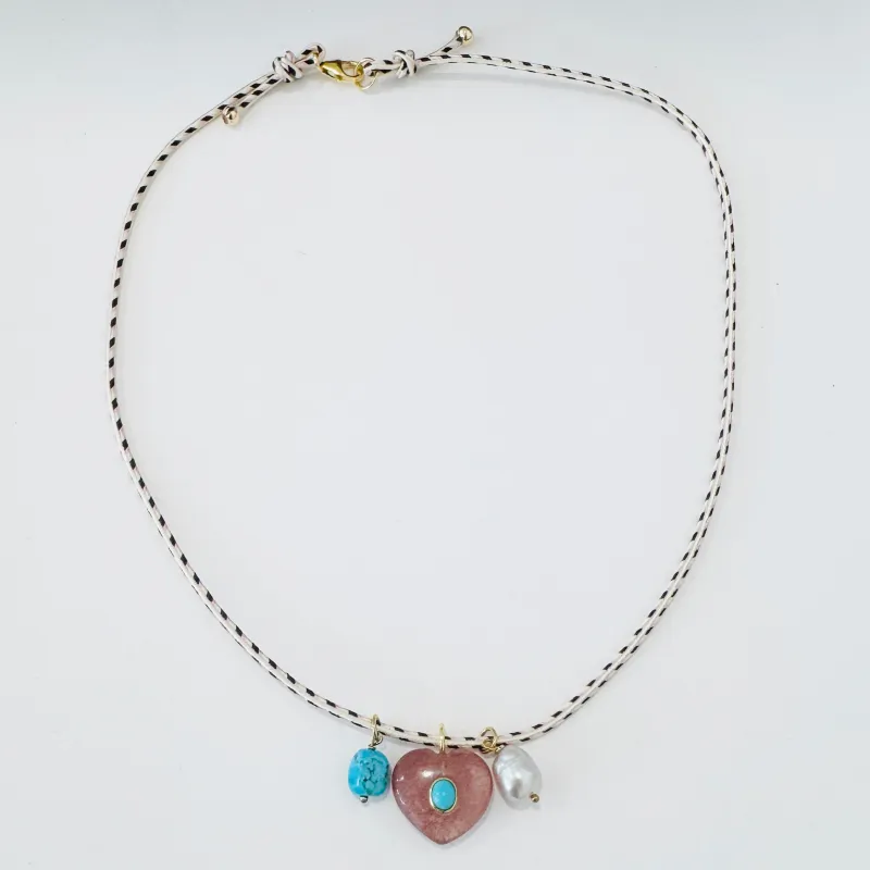 Kumihimo silk cord charm necklace, herringbone with pink quartz heart, turquoise, and pearl charm made by Theodosia