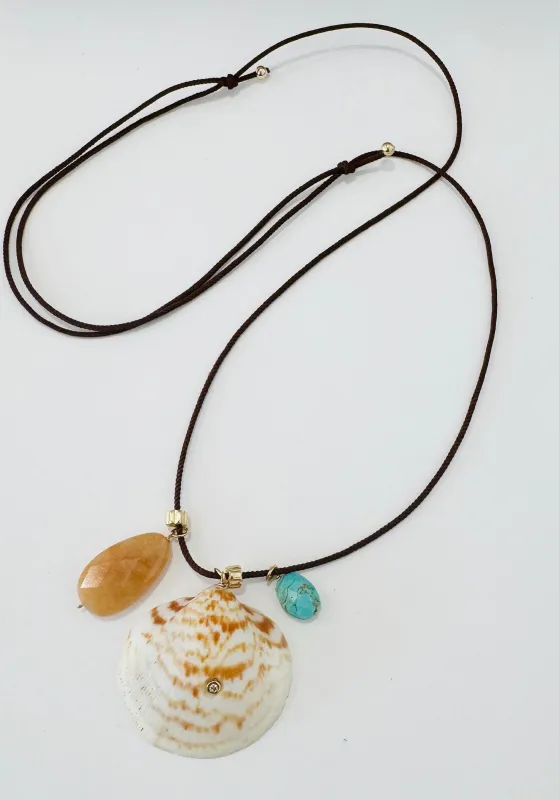 Kumihimo silk cord charm necklace, brown with peach moonstone, turquoise, and shell with bezel set diamond made by Theodosia