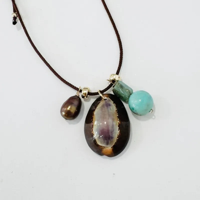 Kumihimo silk cord charm necklace, brown with amazonite, pearl, and purple cowrie shell made by Theodosia
