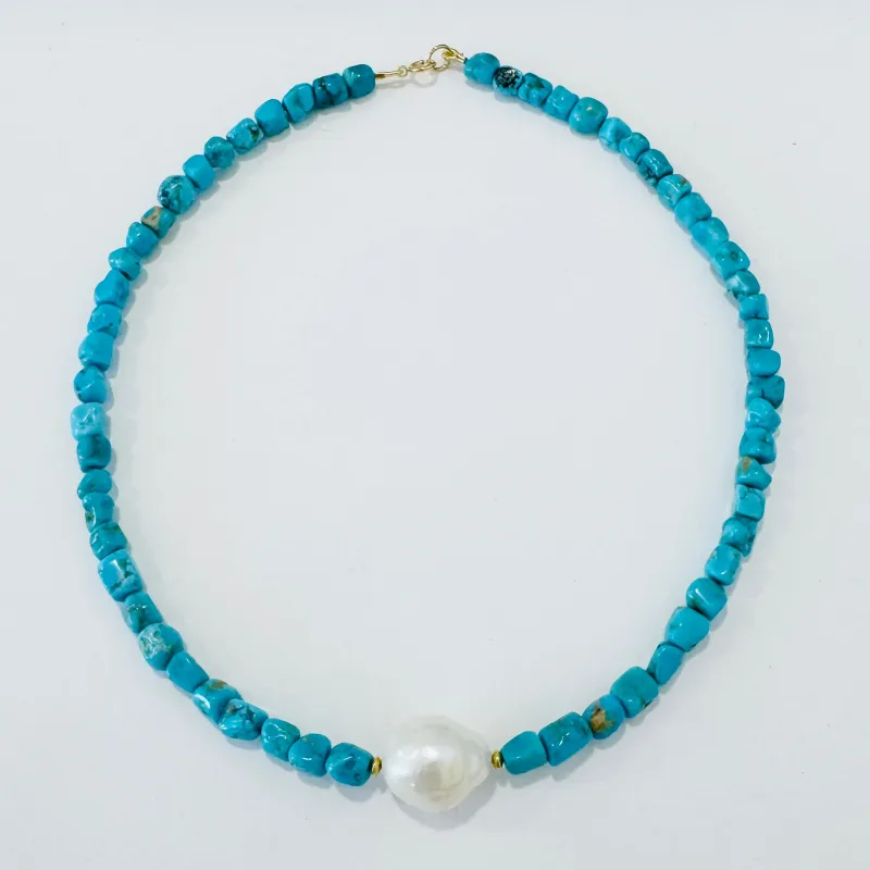 turquoise nugget and pearl necklace made by Theodosia