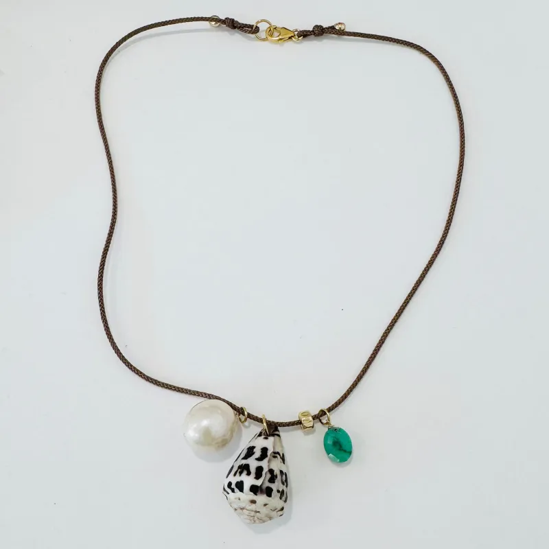 Kumihimo silk cord charm necklace, herringbone with pearl, turquoise, and shell charm made by Theodosia