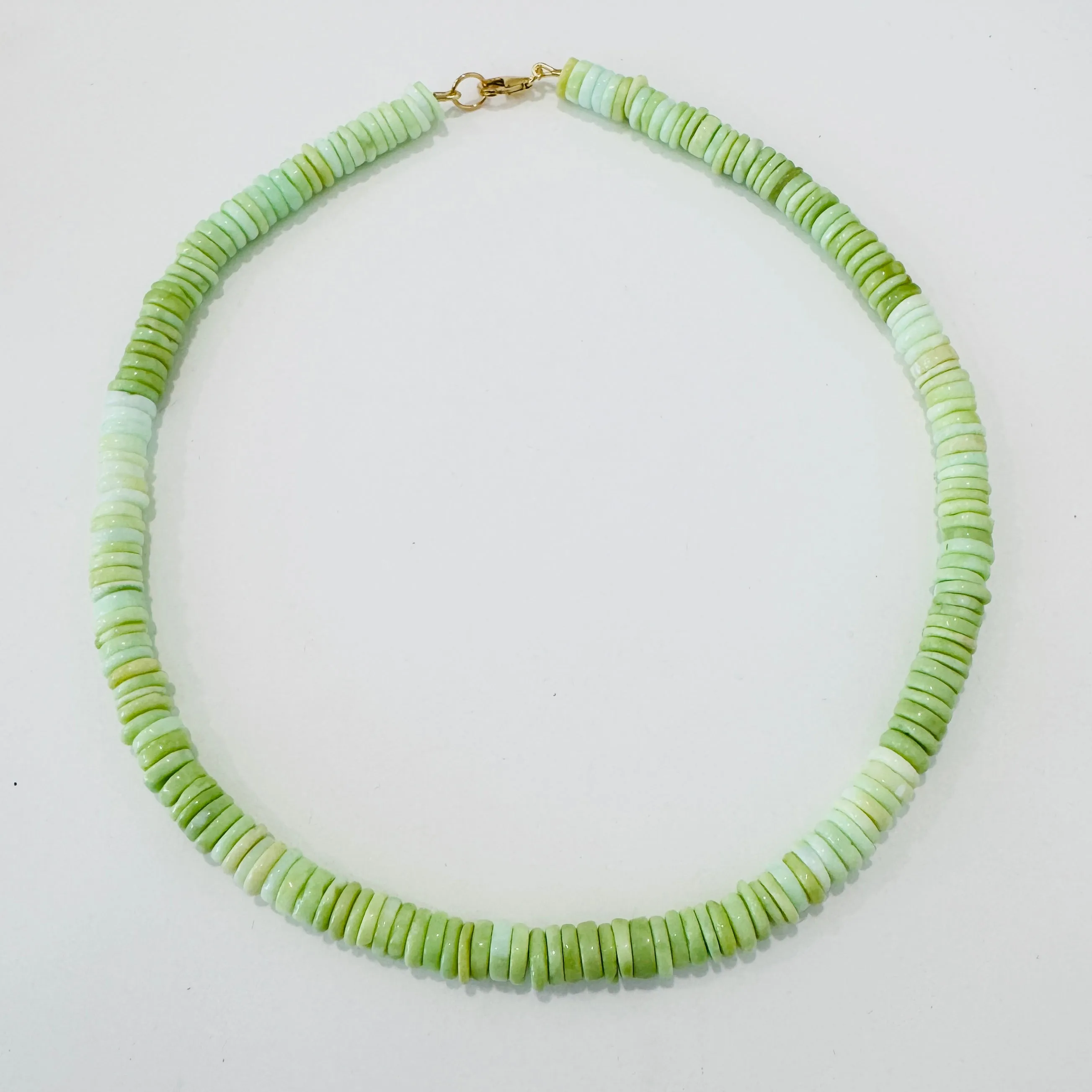 lime green opal candy necklace in a heishi cut sold by Theodosia