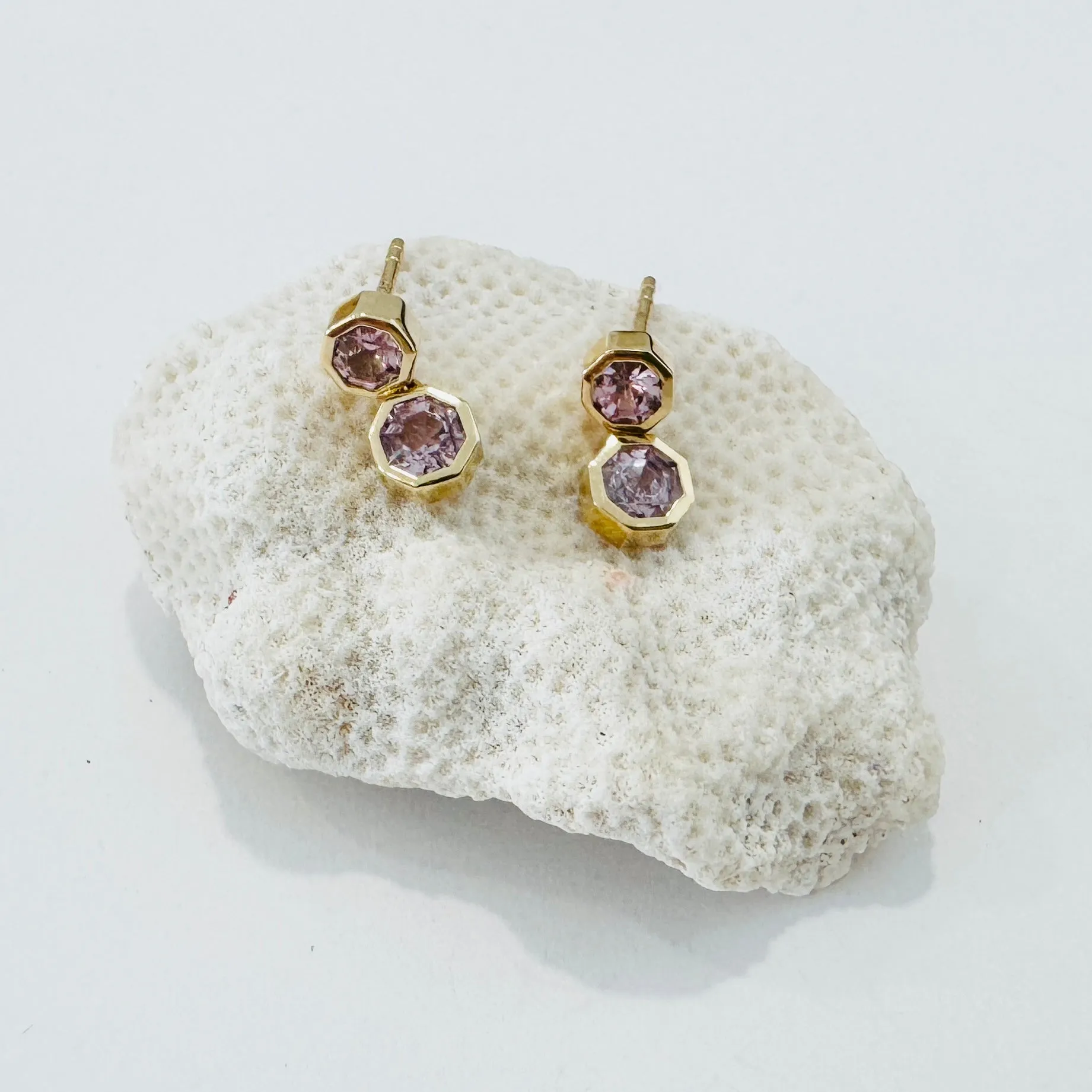 double hexagon pink tourmaline studs sold by Theodosia