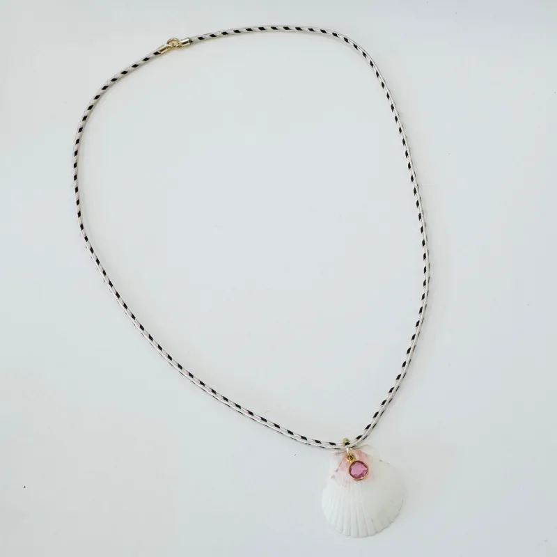 shell and pink sapphire on Kumihimo silk cord made by Theodosia