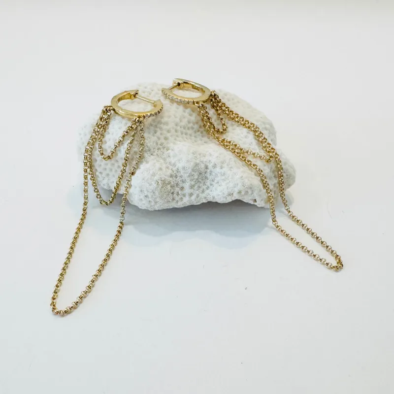 pave diamond huggies with chandelier chains made by Theodosia