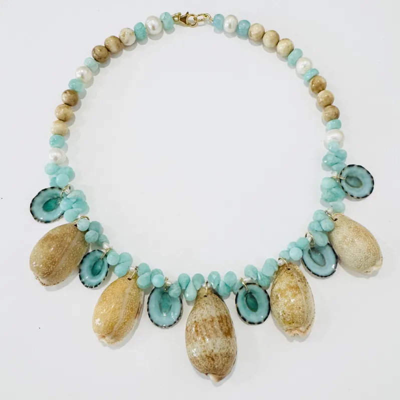 cowrie shell collar, amazonite made by Theodosia