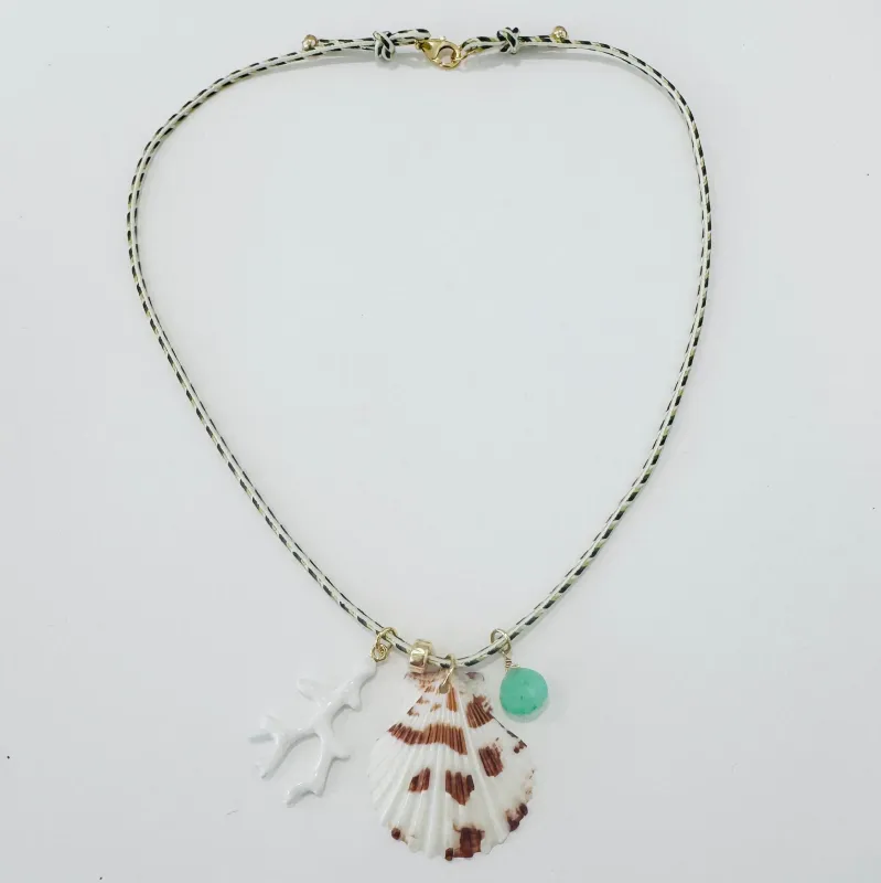 Kumihimo silk cord charm necklace, green herringbone with chrysoprase, white coral, and shell made by Theodosia
