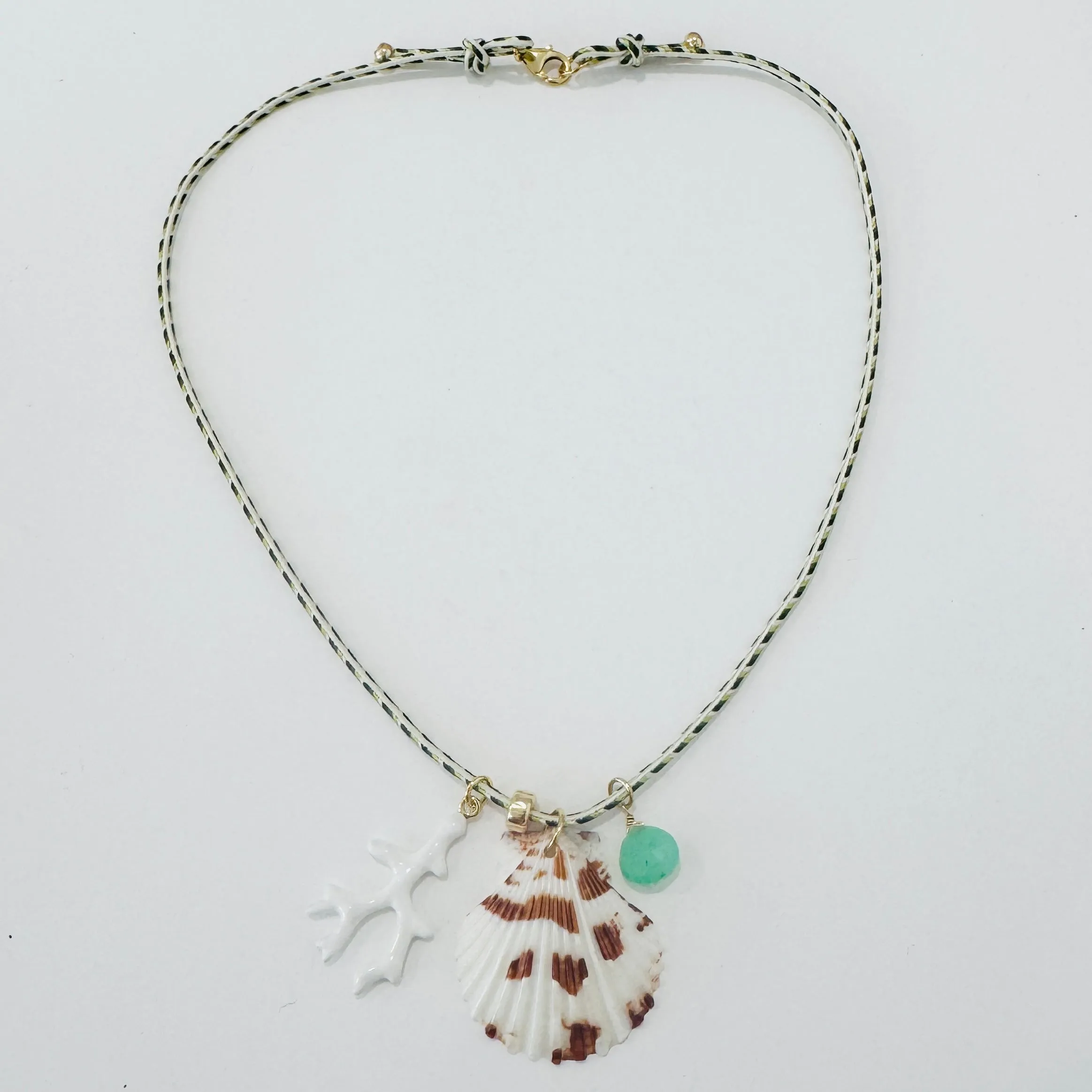 Kumihimo silk cord charm necklace, green herringbone with chrysoprase, white coral, and shell sold by Theodosia