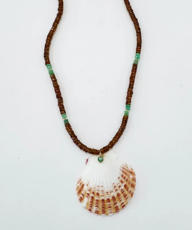Hessonite garnet and chrysoprase tourmaline necklace with shell pendant made by Theodosia