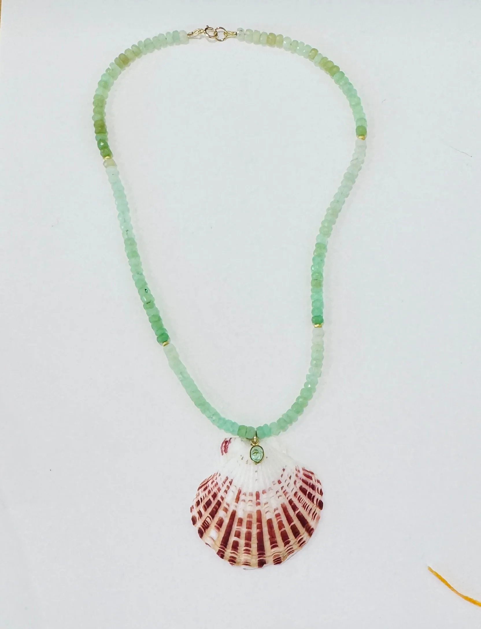 chrysoprase necklace with shell pendant sold by Theodosia