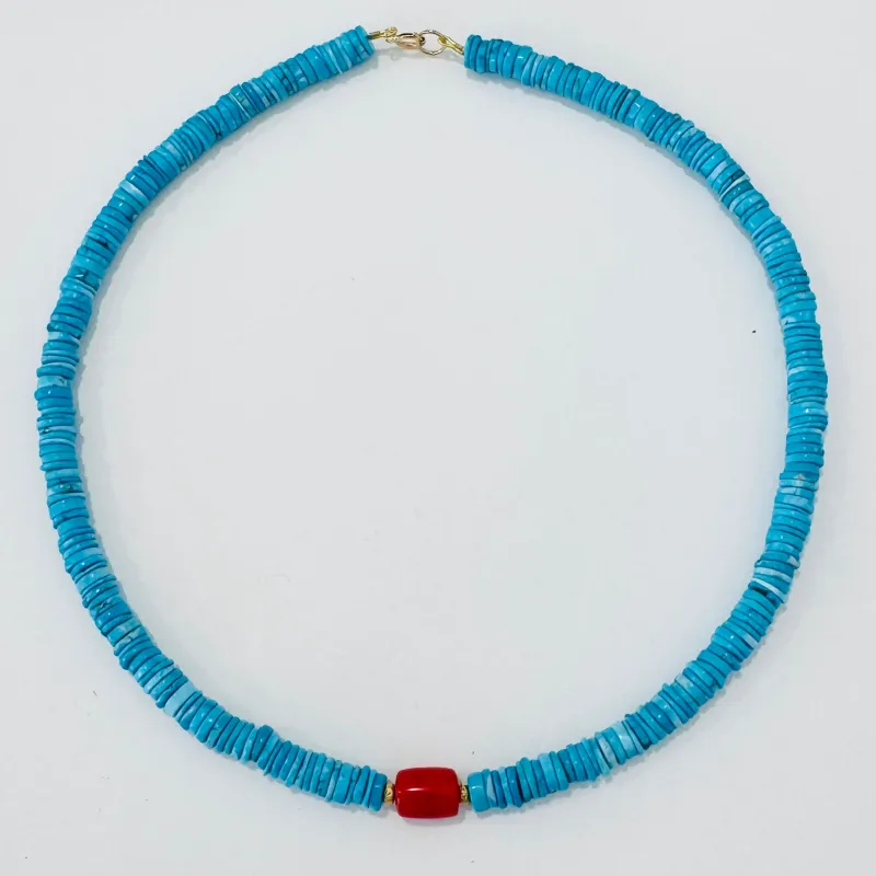 turquoise, coral, and gold beads made by Theodosia