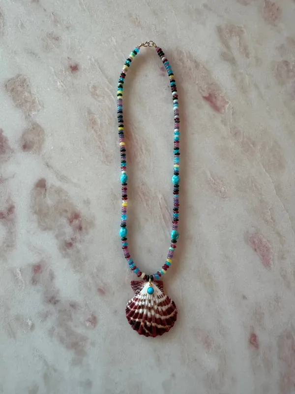 multi colored opal necklace with shell pendant made by Theodosia