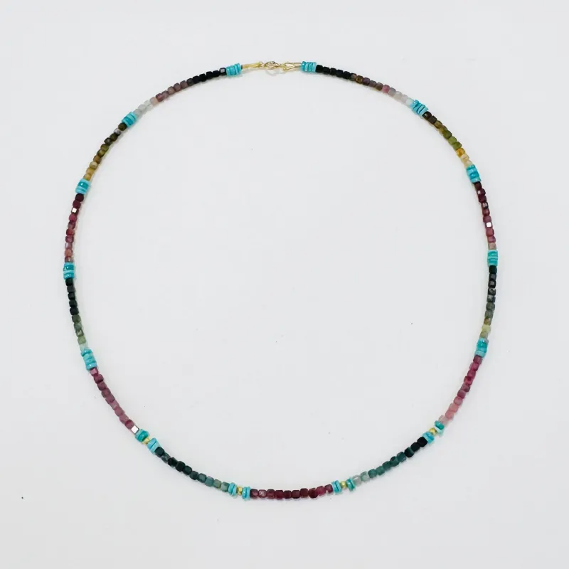 tourmaline, turquoise, and gold nugget necklace made by Theodosia
