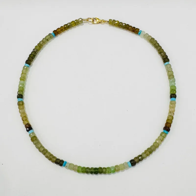 grossular garnet and turquoise necklace, faceted made by Theodosia