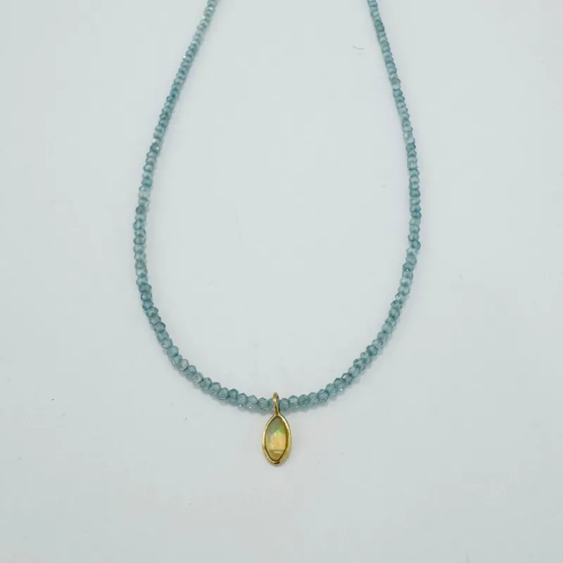 delicate gemstone necklace with opal charm made by Theodosia