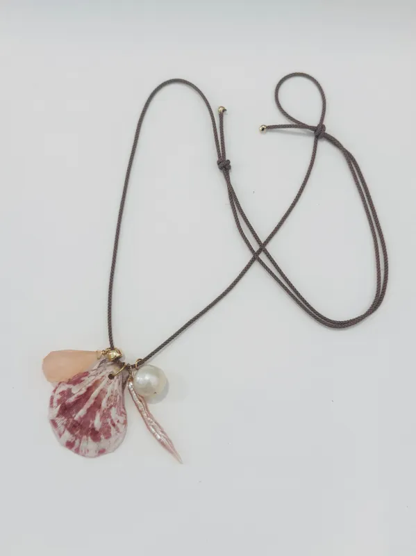 Kumihimo silk cord charm necklace, brown with peach chalcedony, pearl, and strawberry shell made by Theodosia